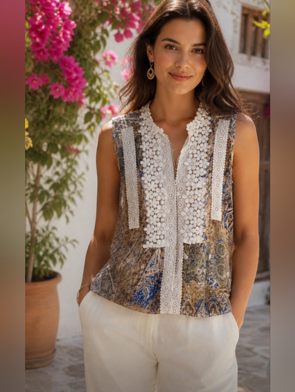 POL Boho Sleeveless Paisley White Crochet Front Blouse NWOT Small